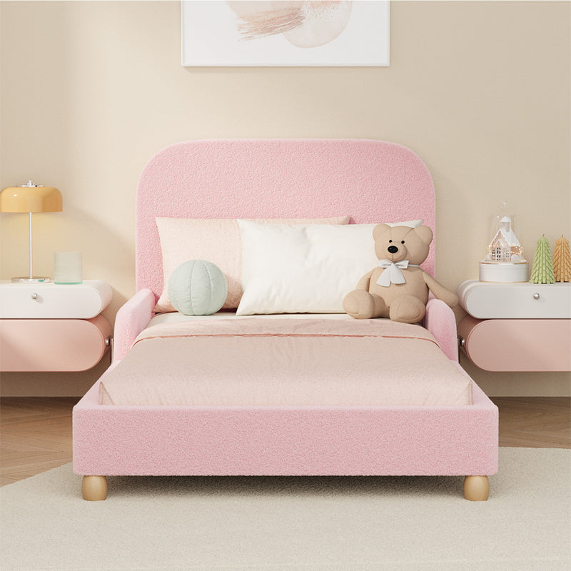 Oikiture Kids Bed Frame Single Size Base with Side Rails Boucle Pink