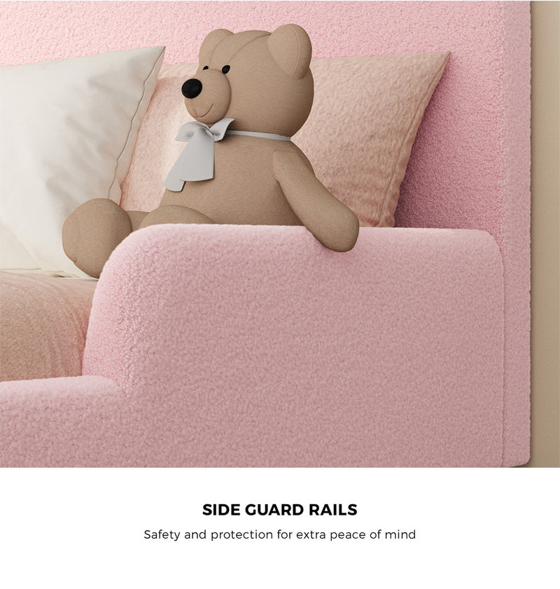 Oikiture Kids Bed Frame Single Size Base with Side Rails Boucle Pink