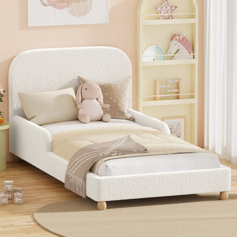 Oikiture Kids Bed Frame Single Size Base with Side Rails Boucle White