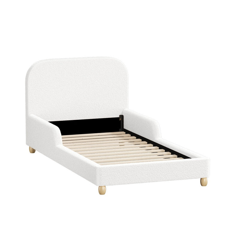 Oikiture Kids Bed Frame Single Size Base with Side Rails Boucle White