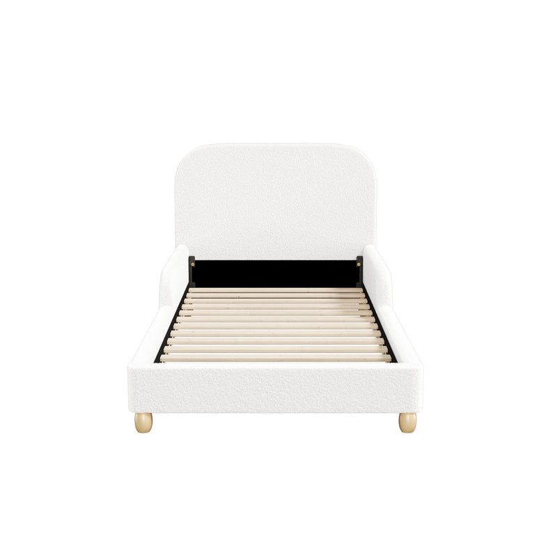 Oikiture Kids Bed Frame Single Size Base with Side Rails Boucle White