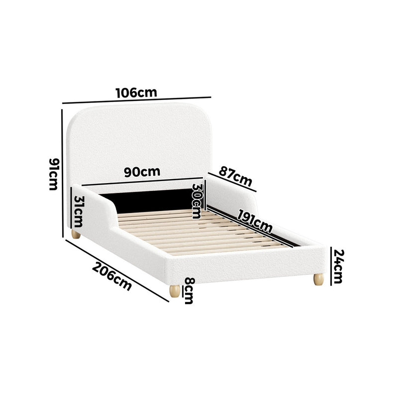Oikiture Kids Bed Frame Single Size Base with Side Rails Boucle White