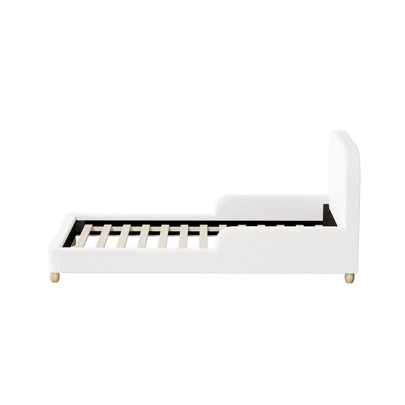 Oikiture Kids Bed Frame Single Size Base with Side Rails Boucle White