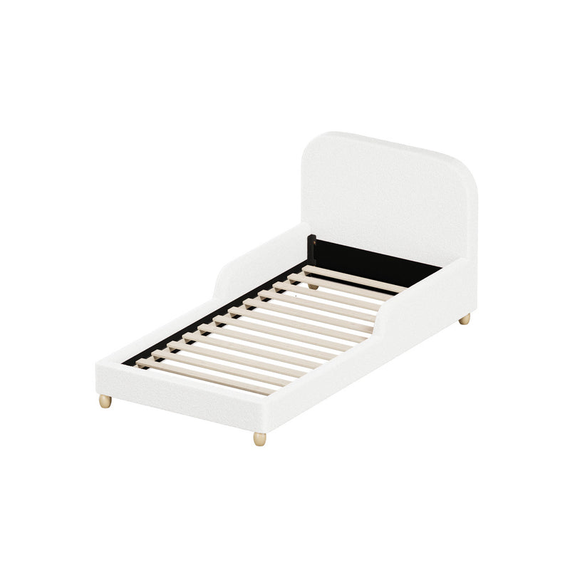 Oikiture Kids Bed Frame Single Size Base with Side Rails Boucle White