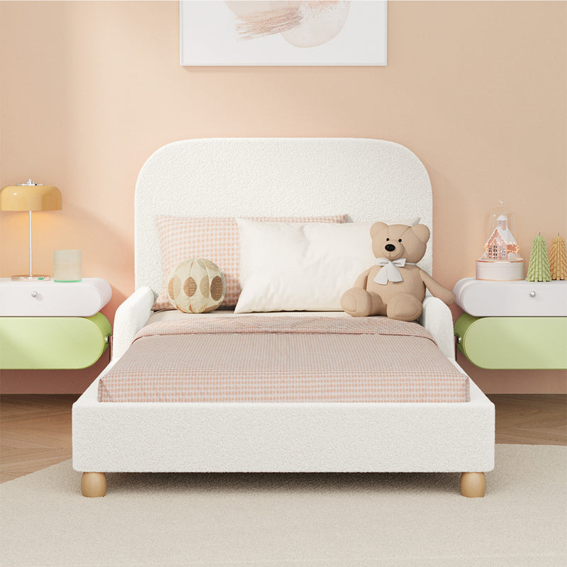 Oikiture Kids Bed Frame Single Size Base with Side Rails Boucle White