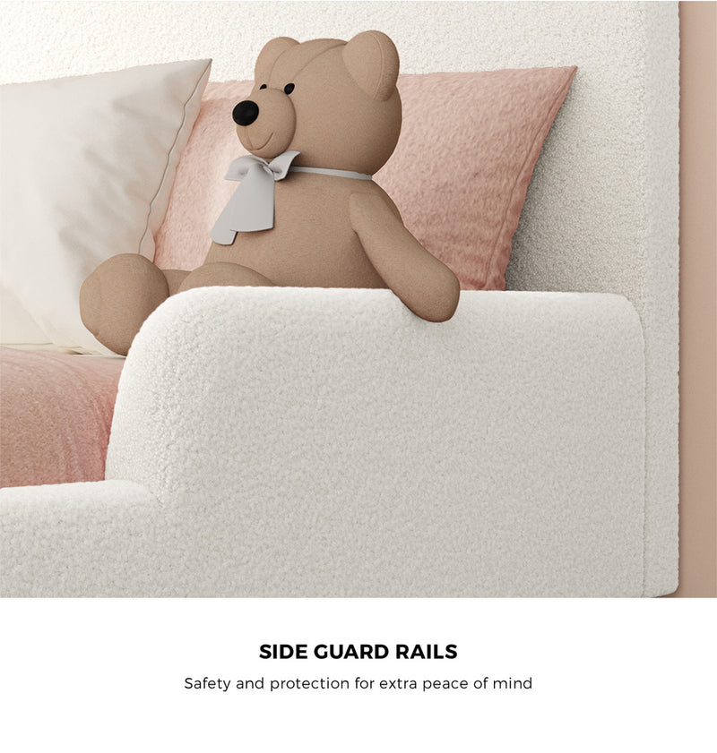 Oikiture Kids Bed Frame Single Size Base with Side Rails Boucle White