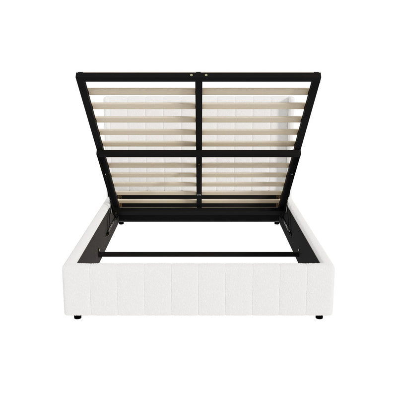 Oikiture Bed Frame Double Size Gas Lift Base Boucle Fabric White
