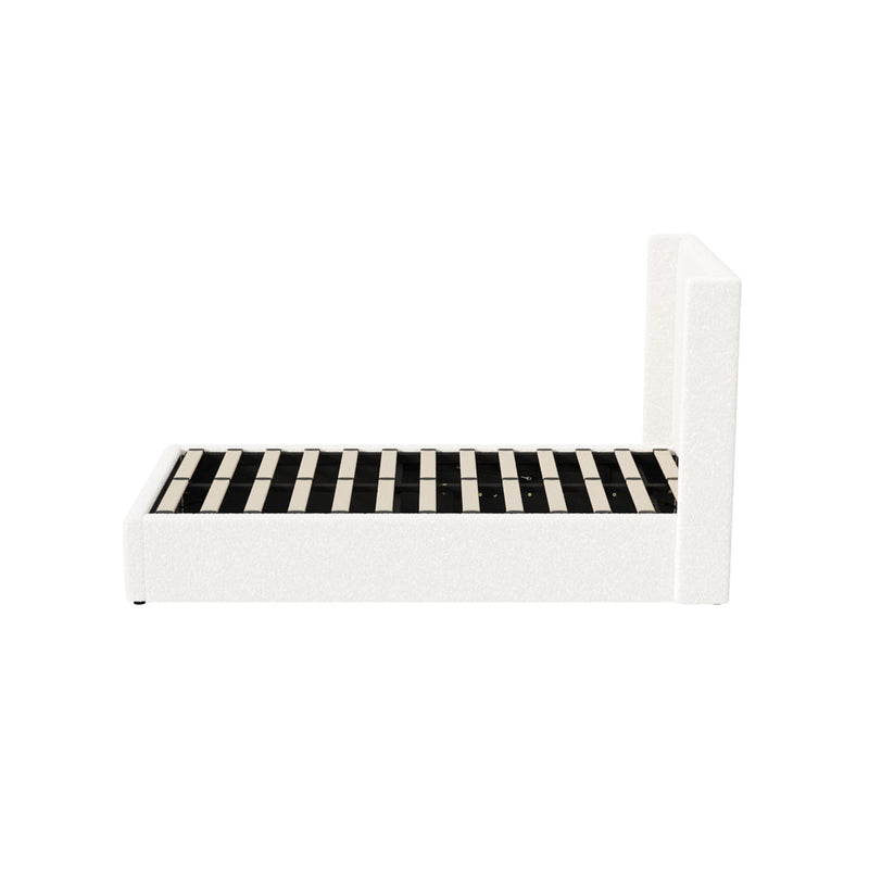 Oikiture Bed Frame King Single Gas Lift Base Boucle Fabric White