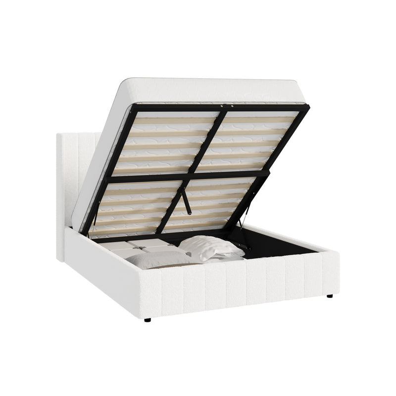 Oikiture Bed Frame Queen Size Gas Lift Base Boucle Fabric White