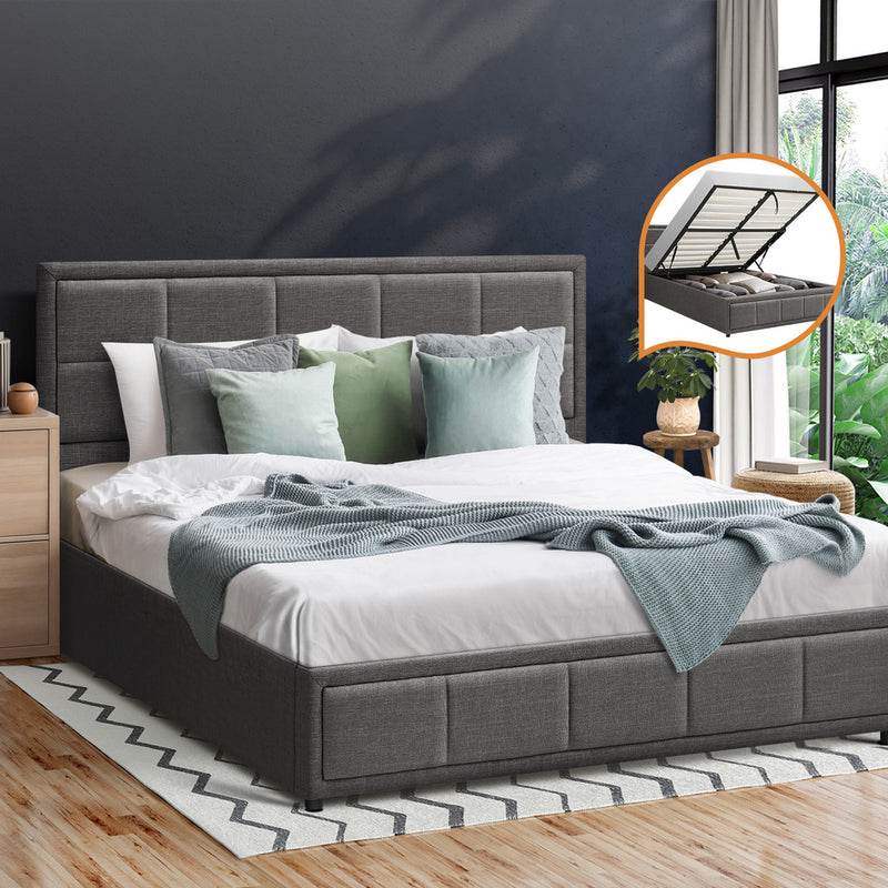 Oikiture Double Bed Frame Gas Lift Storage Base Fabric Grey