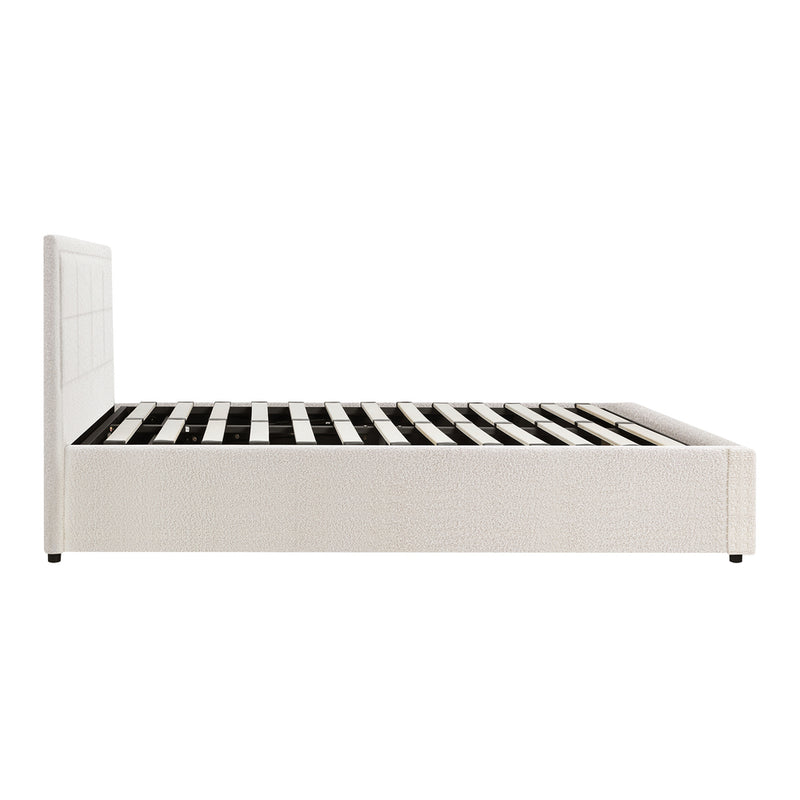 Oikiture Double Bed Frame Gas Lift Storage Base Boucle White