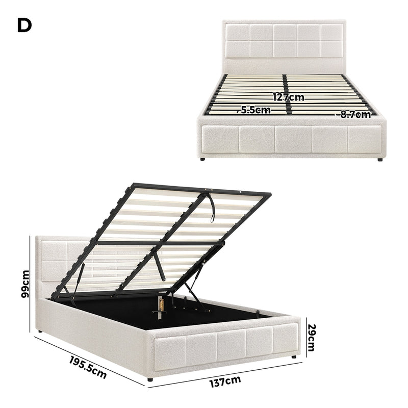 Oikiture Double Bed Frame Gas Lift Storage Base Boucle White
