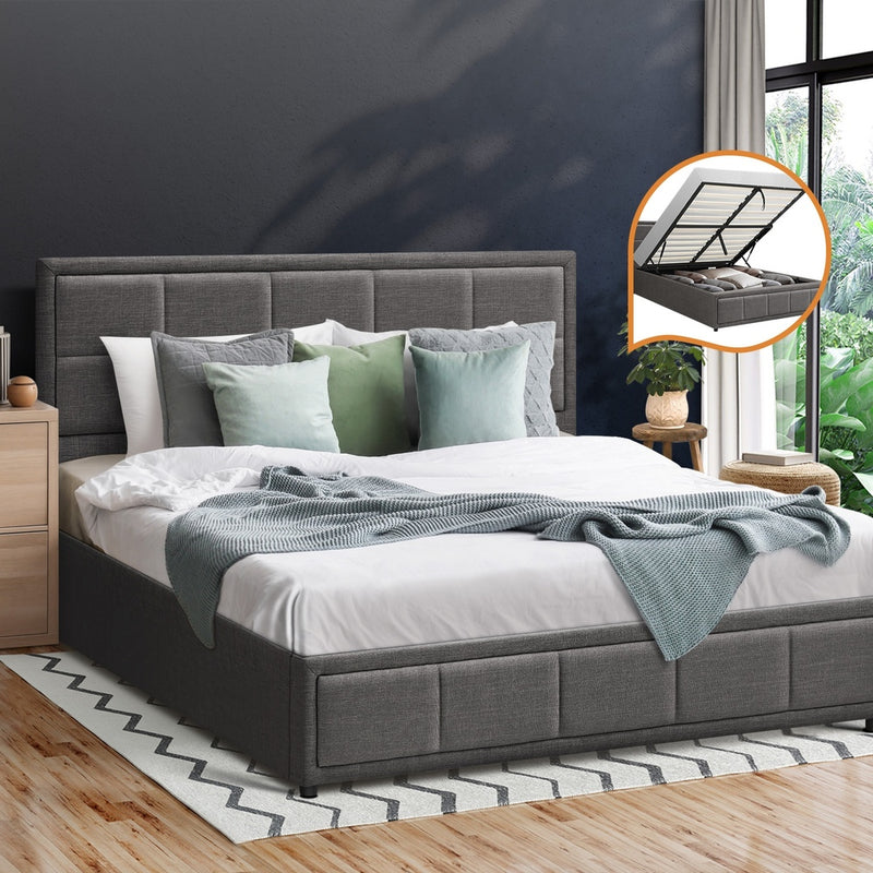 Oikiture Queen Bed Frame Gas Lift Storage Base Fabric Grey