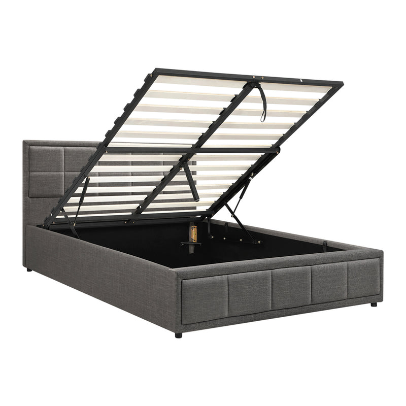 Oikiture Queen Bed Frame Gas Lift Storage Base Fabric Grey