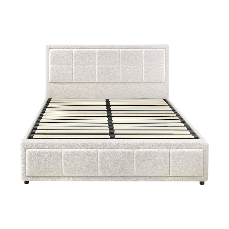 Oikiture Queen Bed Frame Gas Lift Storage Base Boucle White