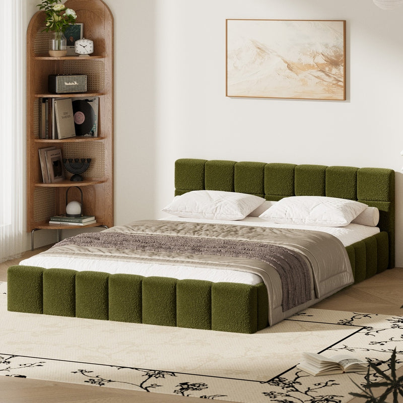 Oikiture Bed Frame Double Size Tufted Headboard Green Boucle