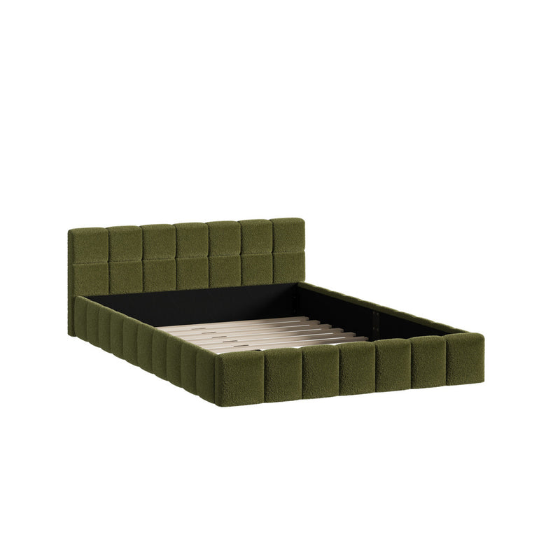 Oikiture Bed Frame Double Size Tufted Headboard Green Boucle