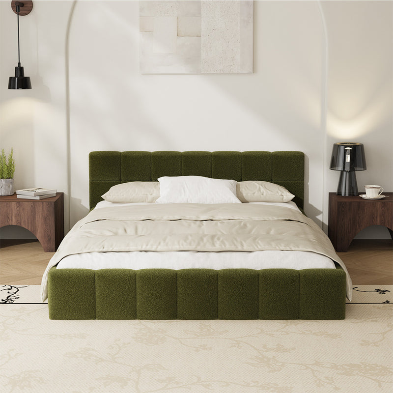 Oikiture Bed Frame Double Size Tufted Headboard Green Boucle