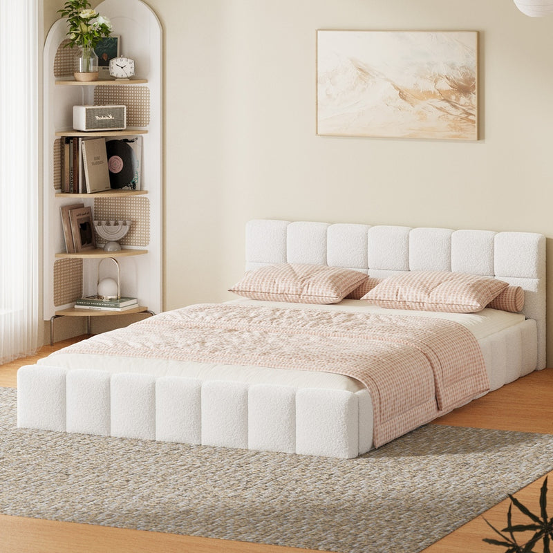 Oikiture Bed Frame Double Size Tufted Headboard White Boucle