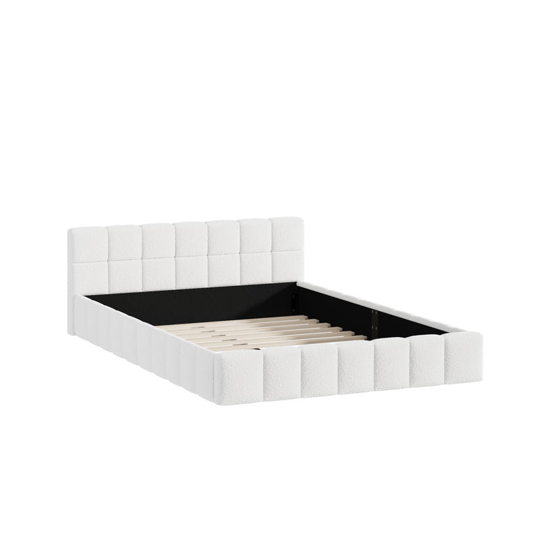 Oikiture Bed Frame Double Size Tufted Headboard White Boucle