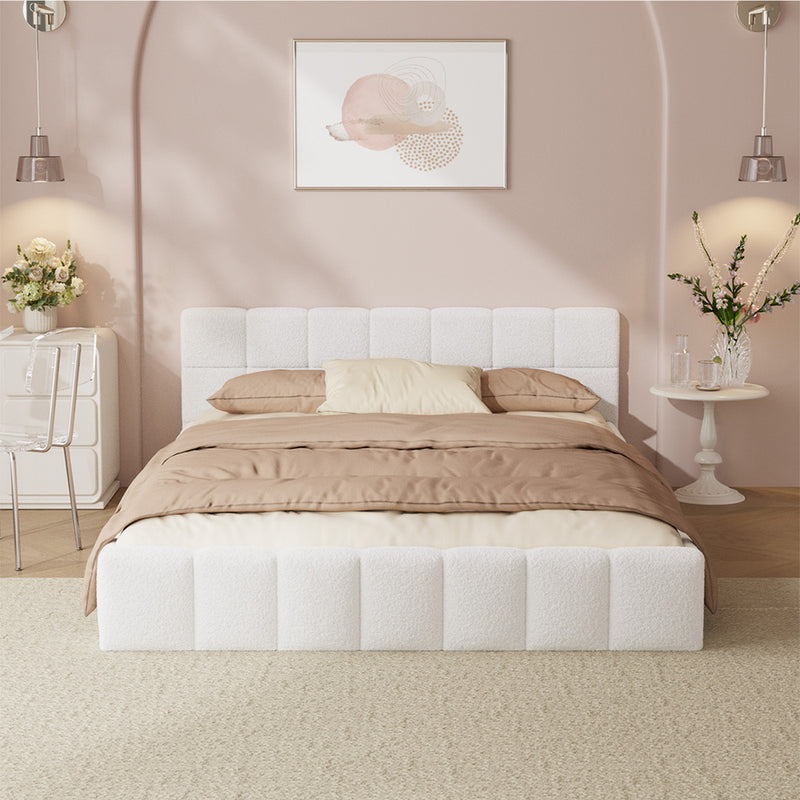 Oikiture Bed Frame Double Size Tufted Headboard White Boucle