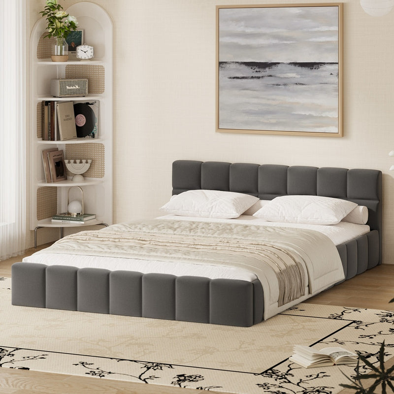 Oikiture Bed Frame Double Size Tufted Headboard Grey Velvet