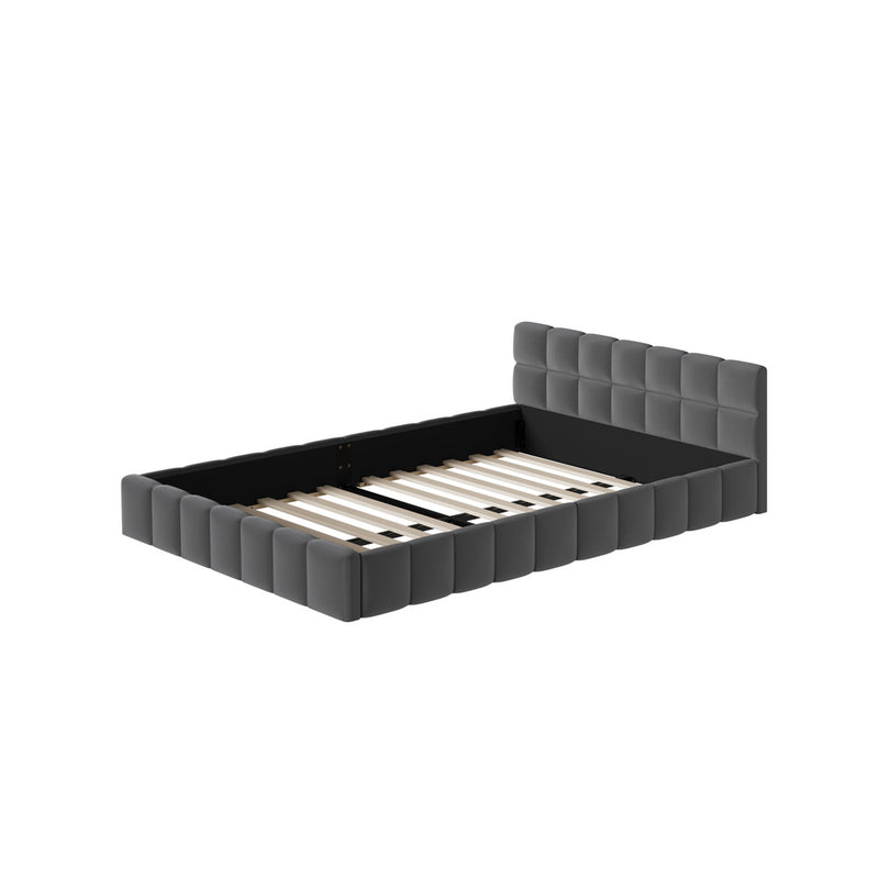 Oikiture Bed Frame Double Size Tufted Headboard Grey Velvet