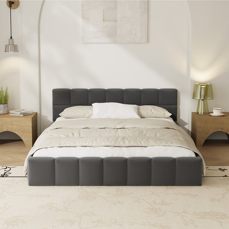 Oikiture Bed Frame Double Size Tufted Headboard Grey Velvet