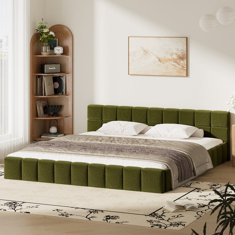 Oikiture Bed Frame King Size Tufted Headboard Green Boucle