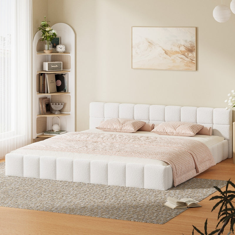 Oikiture Bed Frame King Size Tufted Headboard White Boucle