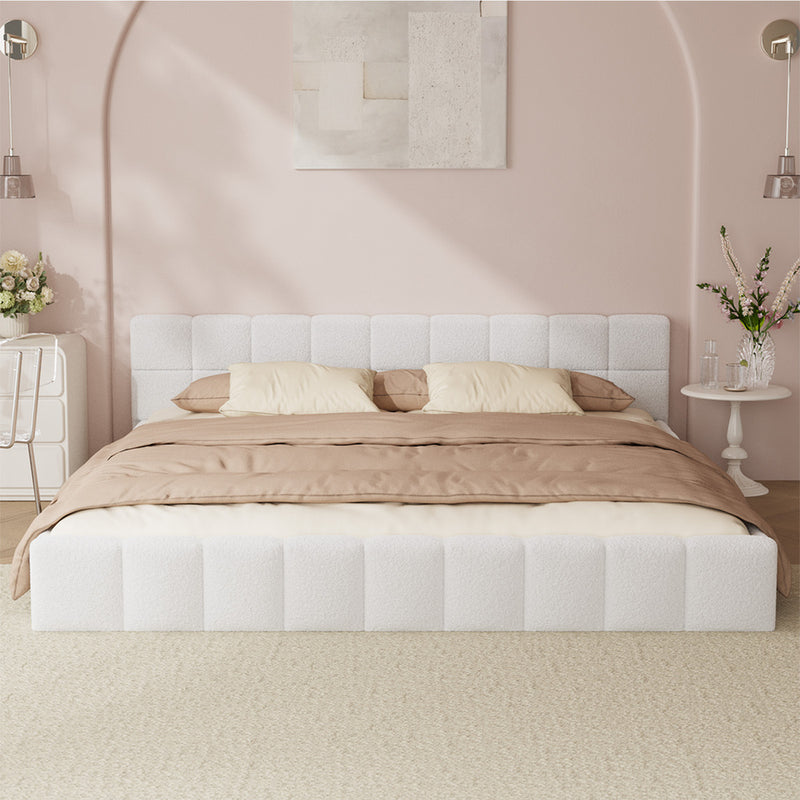 Oikiture Bed Frame King Size Tufted Headboard White Boucle