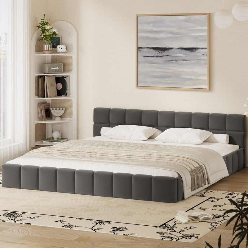 Oikiture Bed Frame King Size Tufted Headboard Grey Velvet