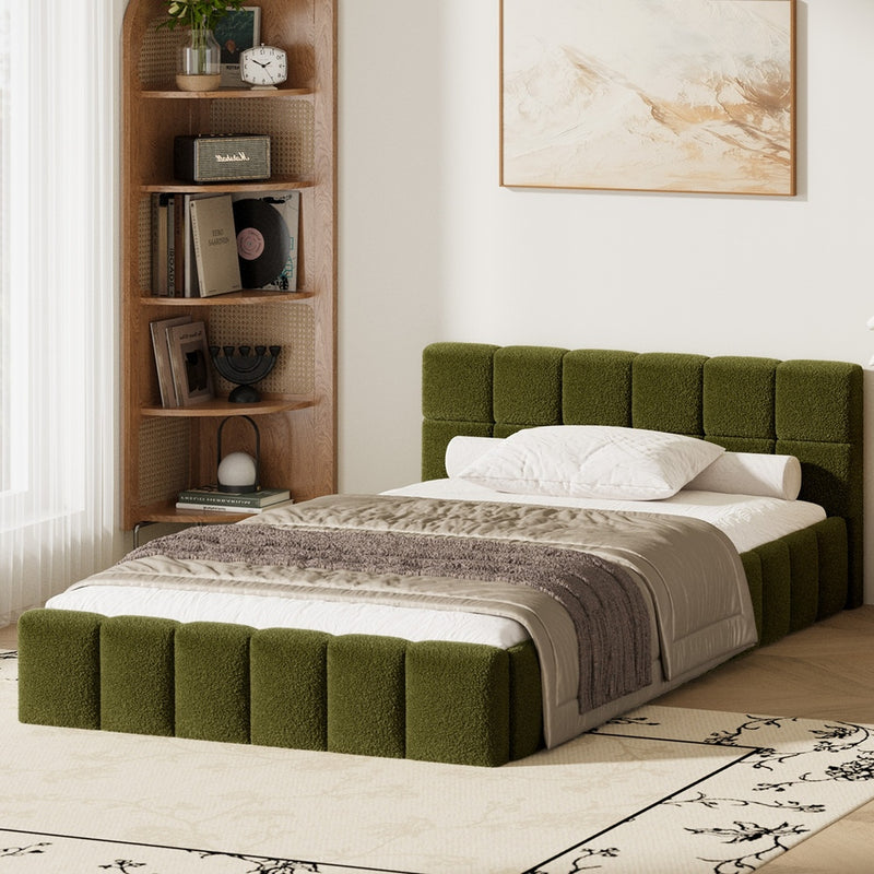 Oikiture Bed Frame King Single Size Tufted Headboard Green Boucle