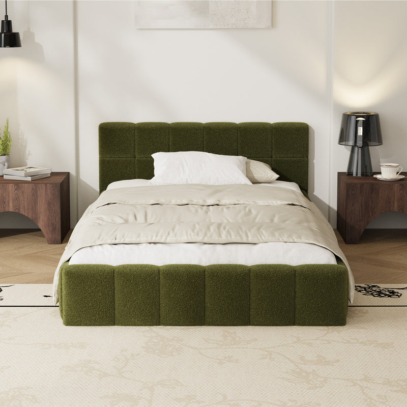 Oikiture Bed Frame King Single Size Tufted Headboard Green Boucle