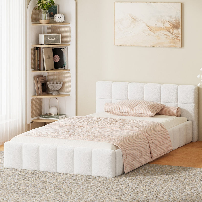 Oikiture Bed Frame King Single Size Tufted Headboard White Boucle