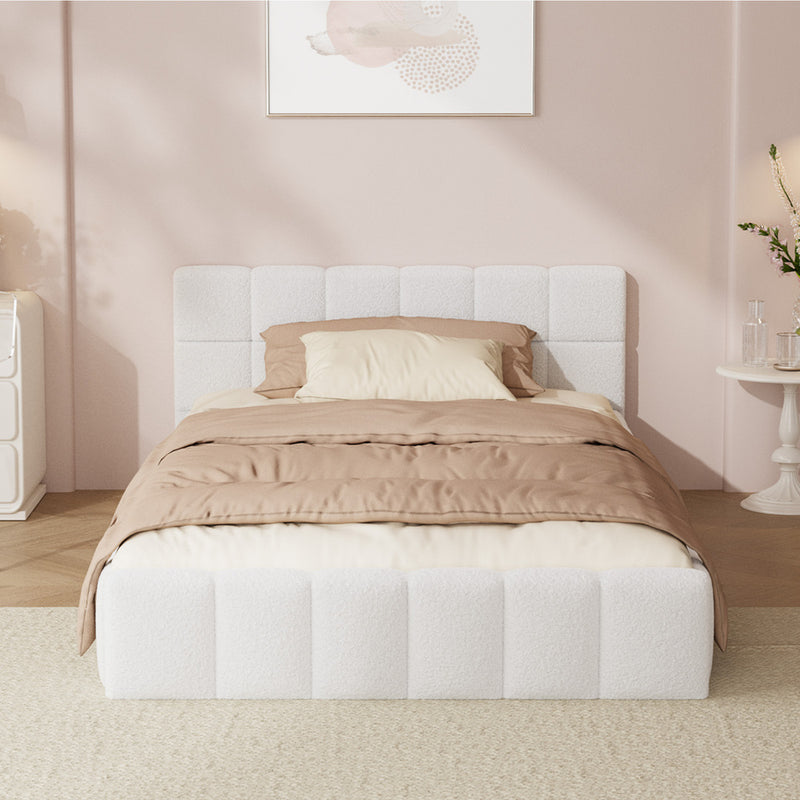 Oikiture Bed Frame King Single Size Tufted Headboard White Boucle
