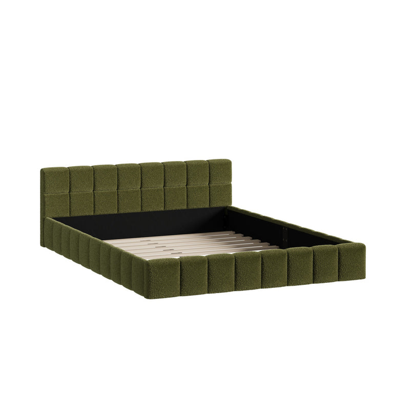 Oikiture Bed Frame Queen Size Tufted Headboard Green Boucle