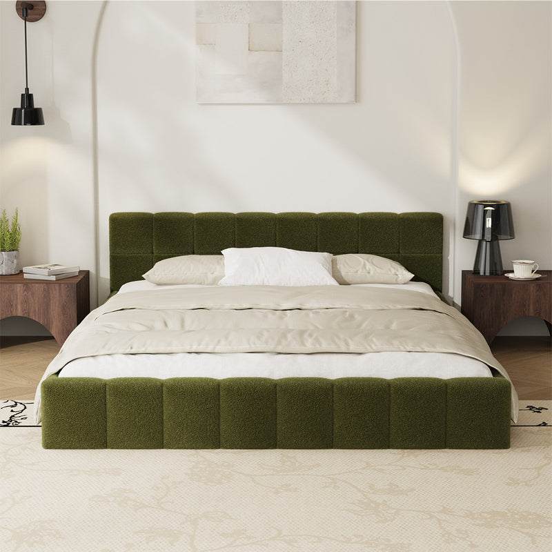 Oikiture Bed Frame Queen Size Tufted Headboard Green Boucle