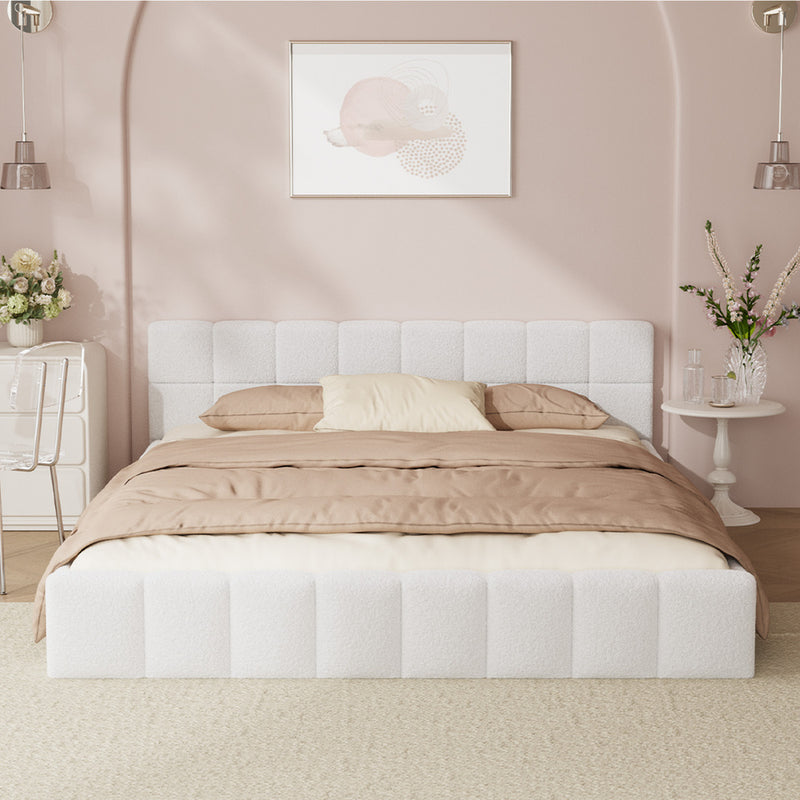 Oikiture Bed Frame Queen Size Tufted Headboard White Boucle