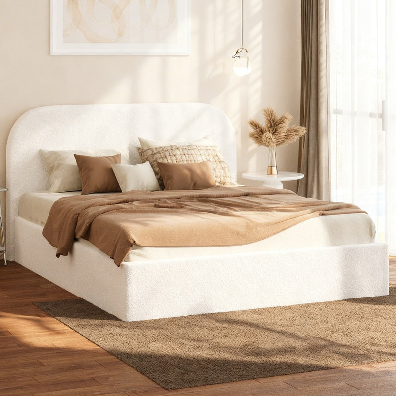Oikiture Bed Frame Double Gas Lift Base Storage Boucle Rounded Corner