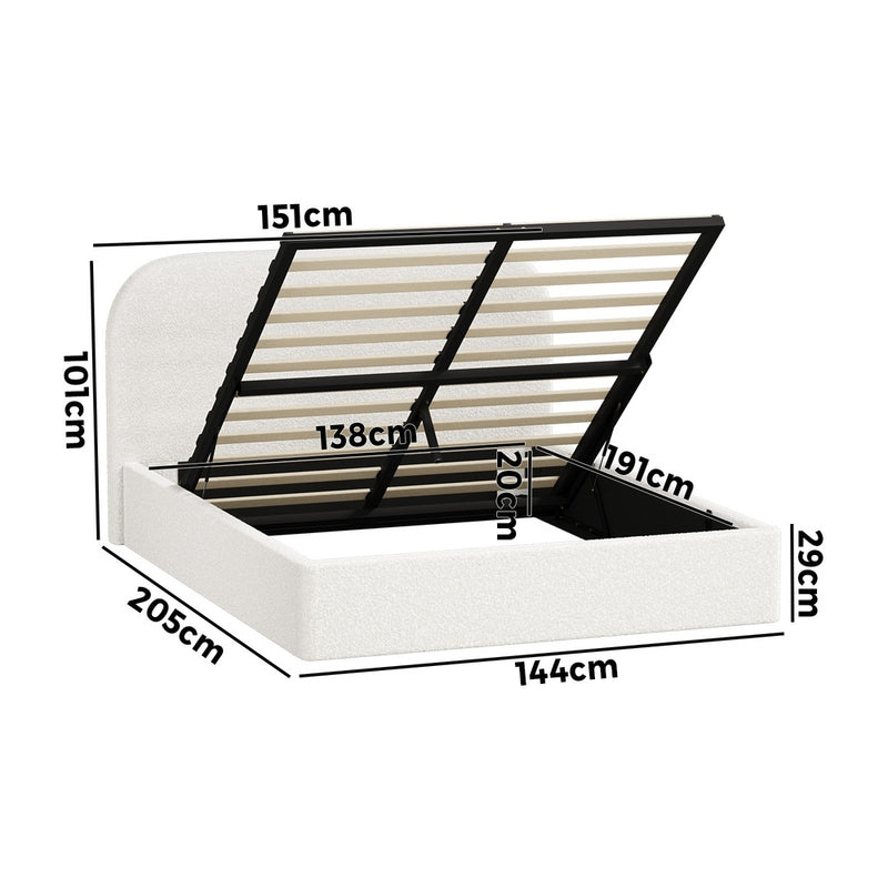Oikiture Bed Frame Double Gas Lift Base Storage Boucle Rounded Corner