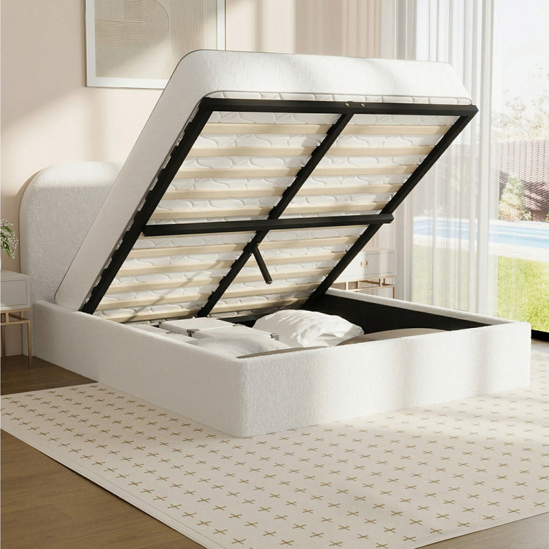 Oikiture Bed Frame Double Gas Lift Base Storage Boucle Rounded Corner