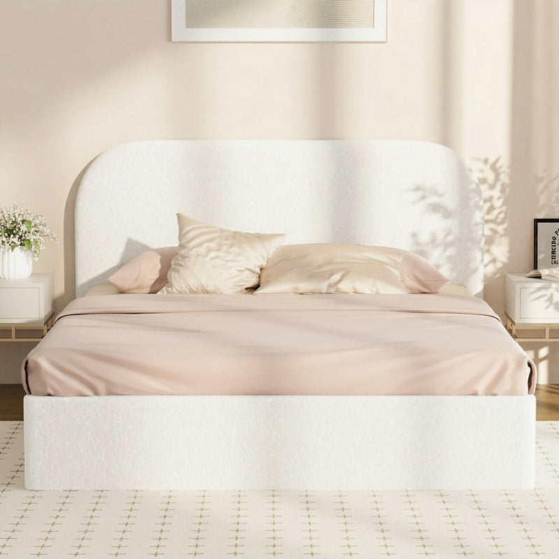 Oikiture Bed Frame Double Gas Lift Base Storage Boucle Rounded Corner