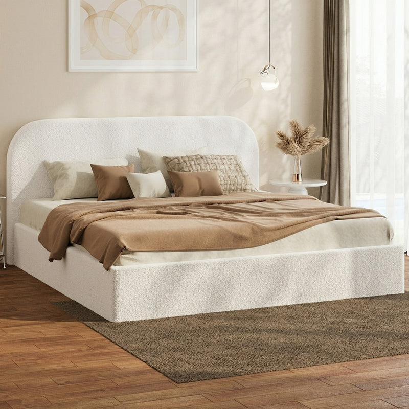 Oikiture Bed Frame King Gas Lift Base Storage Boucle Rounded Corner