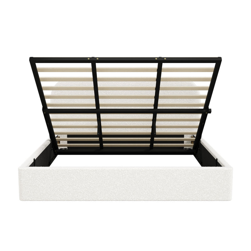 Oikiture Bed Frame King Gas Lift Base Storage Boucle Rounded Corner