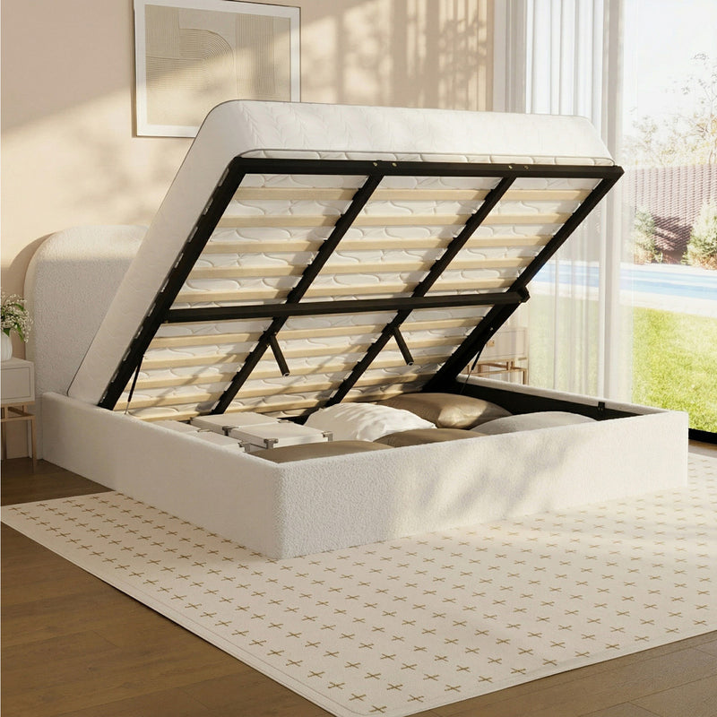 Oikiture Bed Frame King Gas Lift Base Storage Boucle Rounded Corner