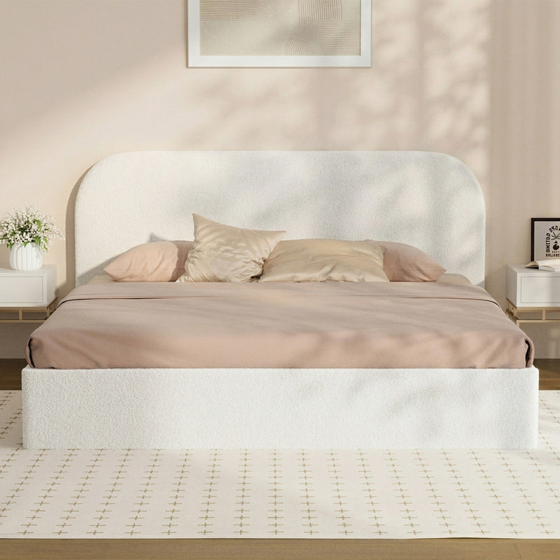 Oikiture Bed Frame King Gas Lift Base Storage Boucle Rounded Corner
