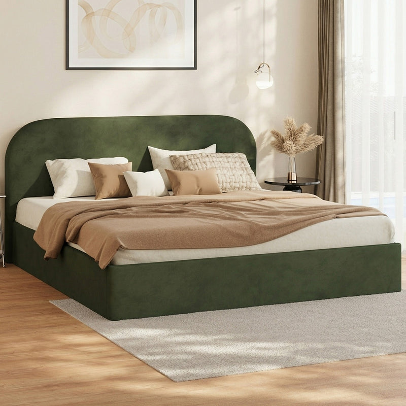 Oikiture Bed Frame King Gas Lift Base Storage Velvet Rounded Corner