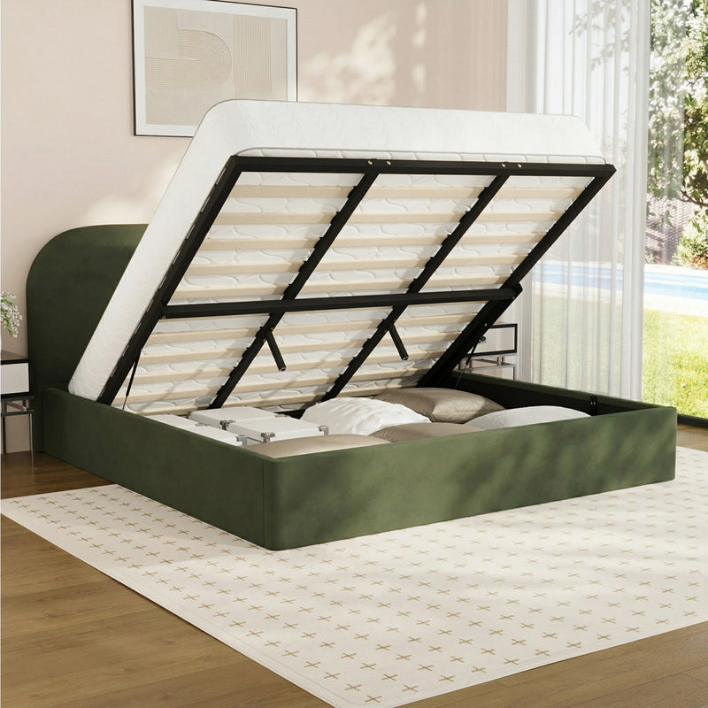 Oikiture Bed Frame King Gas Lift Base Storage Velvet Rounded Corner
