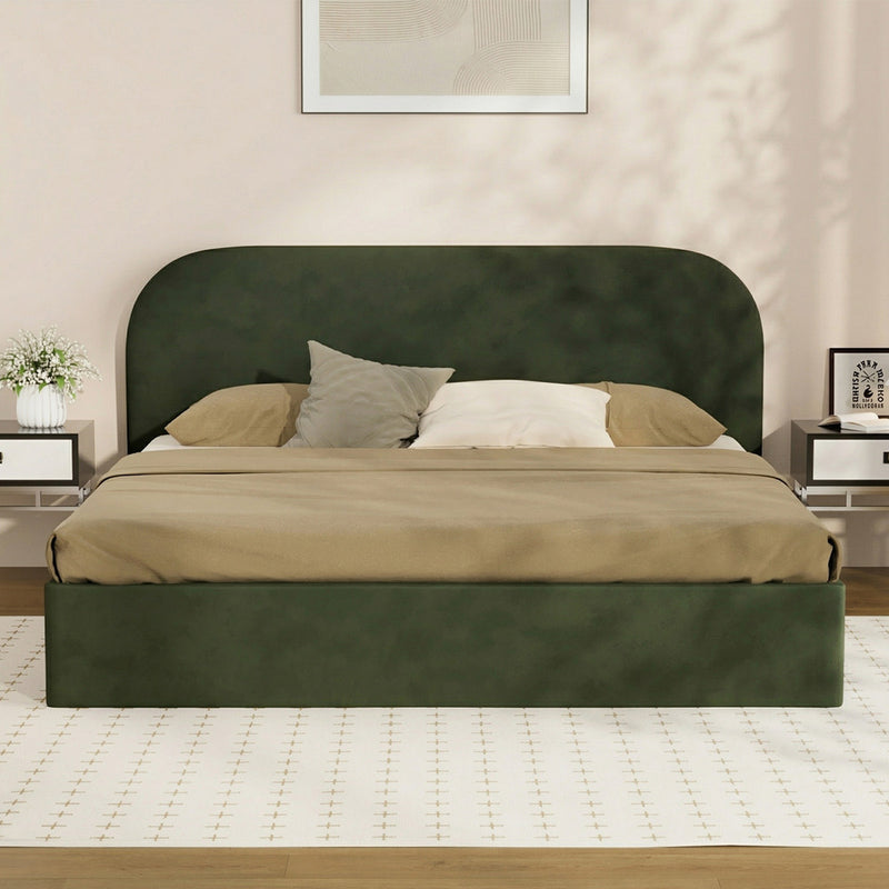 Oikiture Bed Frame King Gas Lift Base Storage Velvet Rounded Corner